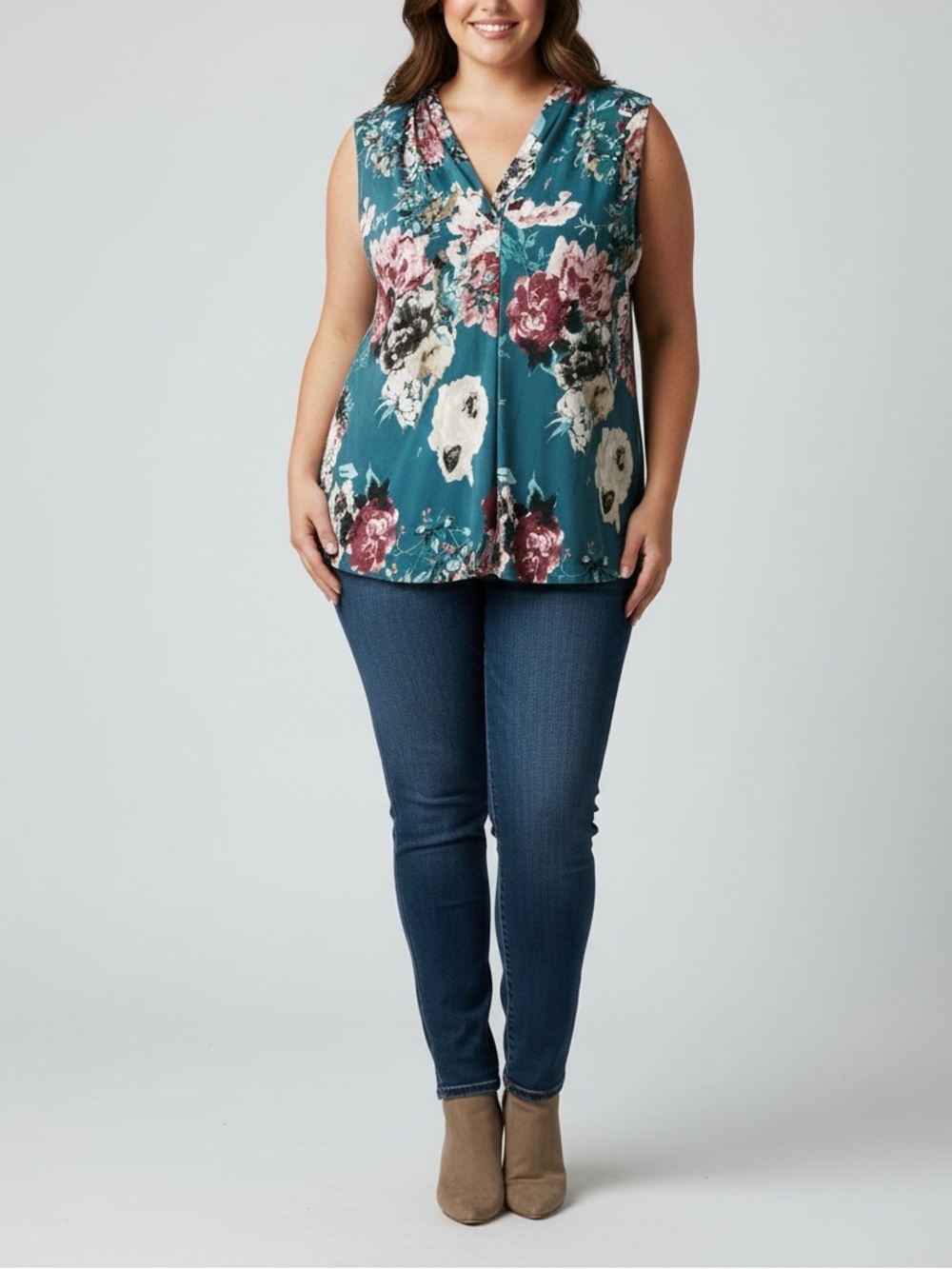 Beacon Teal Floral V-Neck Sleeveless Camisole with Rose and Cream Blooms